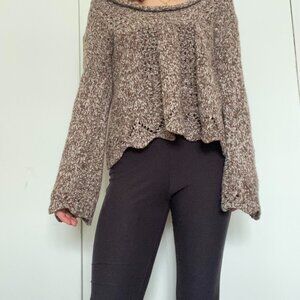 Brown scoop neck off the shoulder sweater